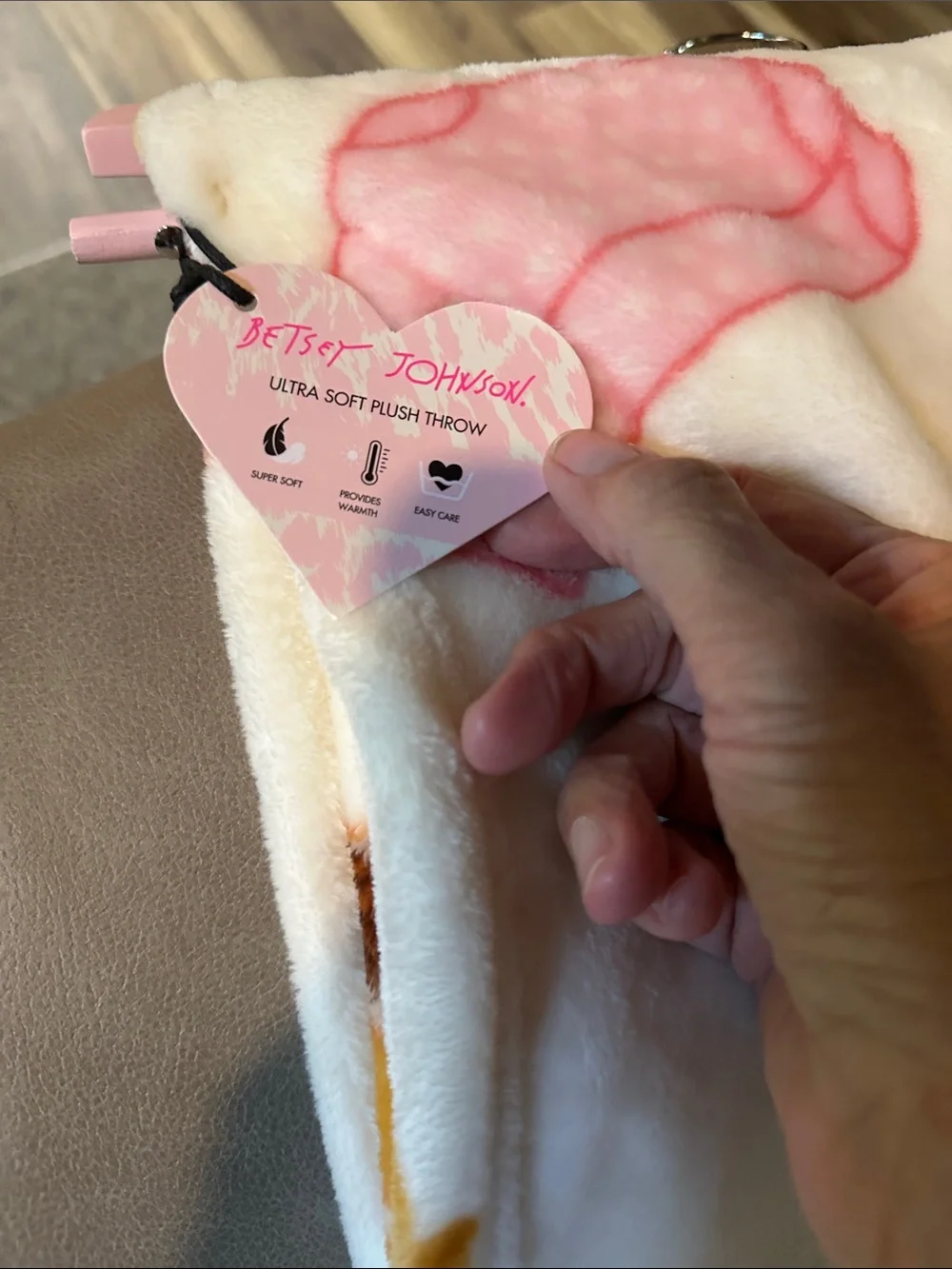Betsey Johnson Cream Fleece Throw with Pink & Orange Autumn Motifs